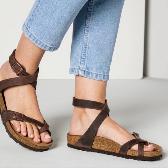 Birkenstock Shoes - Birkenstock Yara  Brown Leather Ankle Strap Sandals